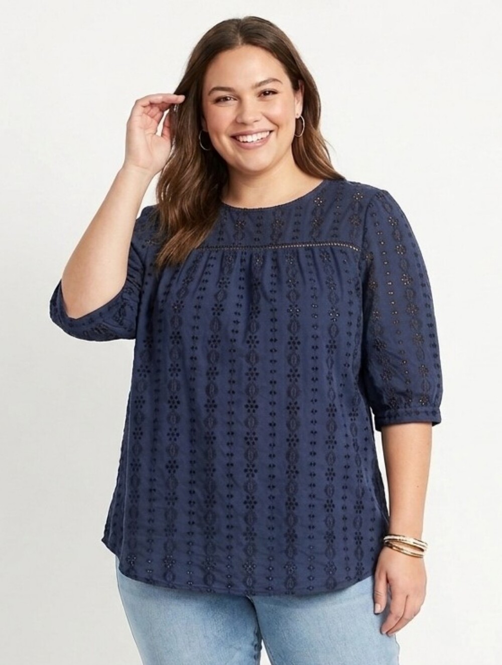 Westport Plus Size Navy Eyelet Peasant Top - Women's Off-Shoulder Style